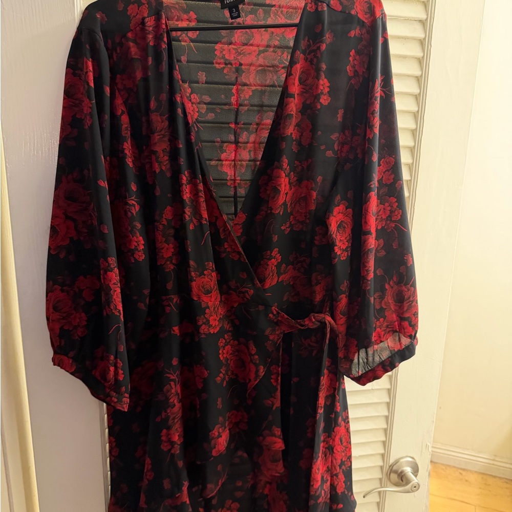 Torrid Black and Red Floral Wrap Blouse